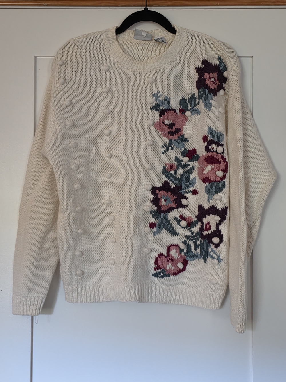 Vintage Russ Cream Crewneck Sweater with Pink & Purple Floral Embroidery